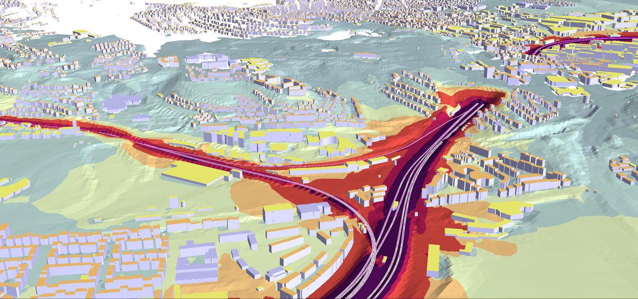 3D noise map visualization showing highway noise propagation through urban area